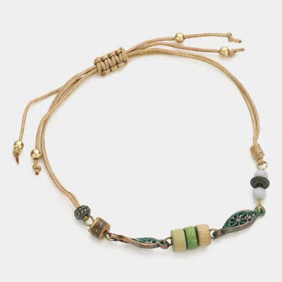 Fashnzfab Wooden Beaded Adjustable Cinch Pull Tie Bracelet Neutral, Patina Verdigris In Multi