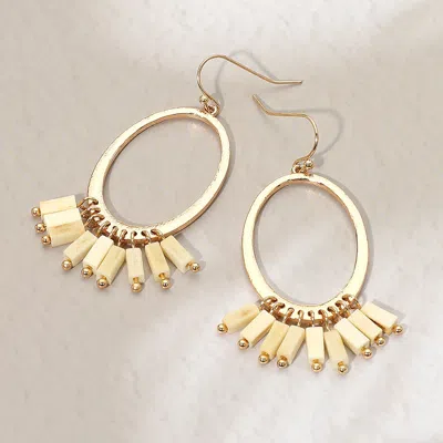 Fashnzfab Wooden Charm Hanging Open Oval Dangle Earrings - Ivory In Gold