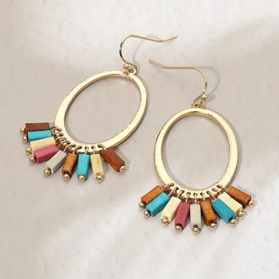 Fashnzfab Wooden Charm Hanging Open Oval Dangle Earrings - Multi In Gold