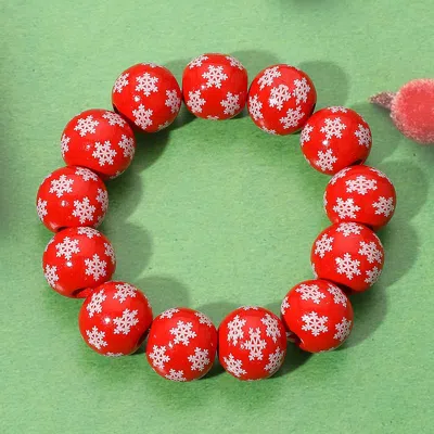 Fashnzfab Wooden Christmas Snowflake Ball Beaded Stretch Bracelet Red