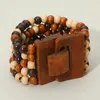Fashnzfab Wooden Clasp Natural Beaded Wide Stretch Bracelet In Brown
