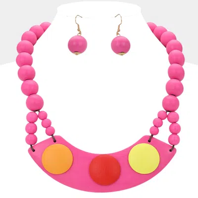 Fashnzfab Wooden Geometric Plate Beaded Statement Necklace In Pink