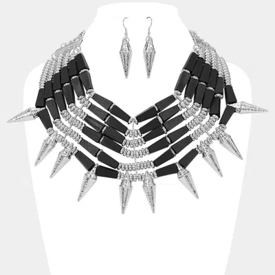 Fashnzfab Wooden Metal Bat Beaded Spike Statement Necklace In Black