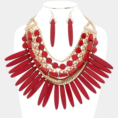 Fashnzfab Wooden Spike Accented Metal Chain Layered Bib Necklace In Red
