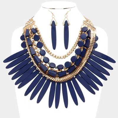 Fashnzfab Wooden Spike Accented Metal Chain Layered Bib Necklace In Blue