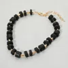 Fashnzfab Wooden Stacked Disc Textured Metal Bar Beaded Statement Necklace In Black