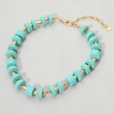 Fashnzfab Wooden Stacked Disc Textured Metal Bar Beaded Statement Necklace In Blue