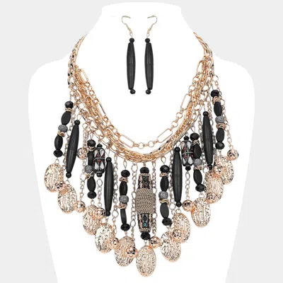 Fashnzfab Wooden Stone Embellished Cylinder Textured Metal Oval Tip Station Collar Statement Necklace In Black