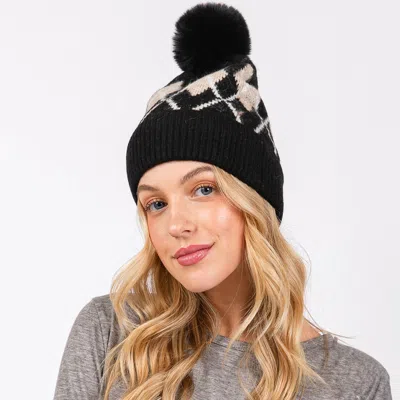 Fashnzfab Wool Blended Argyle Fleece Pom Pom Beanie Hat In Black