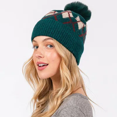Fashnzfab Wool Blended Argyle Fleece Pom Pom Beanie Hat In Blue