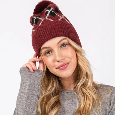 Fashnzfab Wool Blended Argyle Fleece Pom Pom Beanie Hat In Gold
