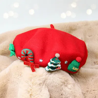 Fashnzfab Wool Blended Christmas Charm Pointed Beret Hat In Red