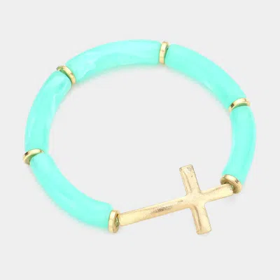 Fashnzfab Worn Metal Cross Accented Celluloid Acetate Stretch Bracelet Turquoise, Worn Gold In Multi