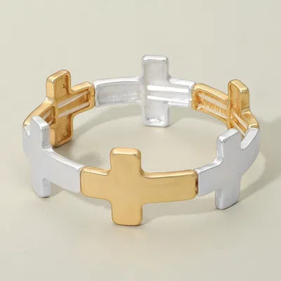 Fashnzfab Worn Metal Cross Stretch Bracelet Matte Gold, Matte Silver In Multi