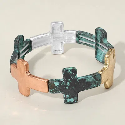 Fashnzfab Worn Metal Cross Stretch Bracelet Patina Verdigris In Multi
