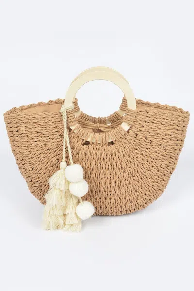 Fashnzfab Woven Cotton Wood Handle Tote Bag In Beige