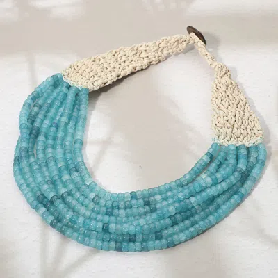 Fashnzfab Woven Detail Multi Strand Beaded Collar Statement Necklace In Blue