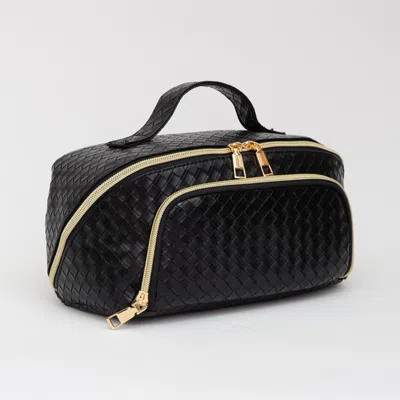Fashnzfab Woven Detailed Solid Tote Bag / Travel Cosmetic Bag In Black