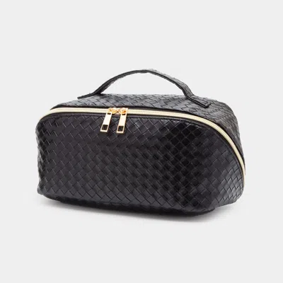Fashnzfab Woven Detailed Solid Tote Bag / Travel Cosmetic Bag In Black