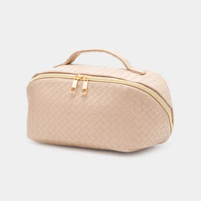 Fashnzfab Woven Detailed Solid Tote Bag / Travel Cosmetic Bag In Sand