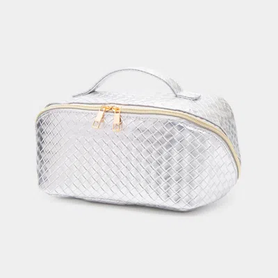 Fashnzfab Woven Detailed Solid Tote Bag / Travel Cosmetic Bag In Silver