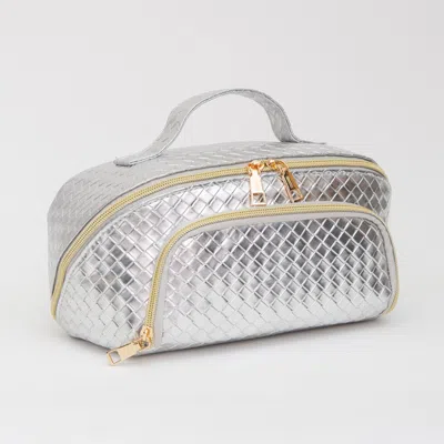 Fashnzfab Woven Detailed Solid Tote Bag / Travel Cosmetic Bag In Silver