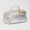 Fashnzfab Woven Detailed Solid Tote Bag / Travel Cosmetic Bag In Silver