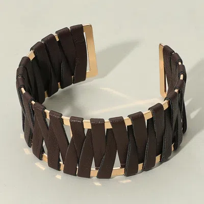 Fashnzfab Woven Faux Leather Wrapped Cuff Bracelet Dark Brown