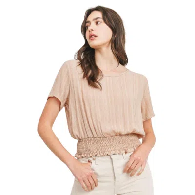 Fashnzfab Woven Printed Crinkle Gauze Waist Smocking Short Sleeve Top In Beige