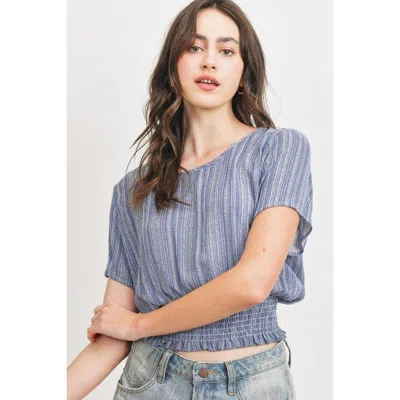Fashnzfab Woven Printed Crinkle Gauze Waist Smocking Short Sleeve Top In Multi