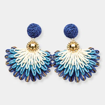 Fashnzfab Woven Raffia Fan Charm Drop Dangle Statement Earrings In Blue