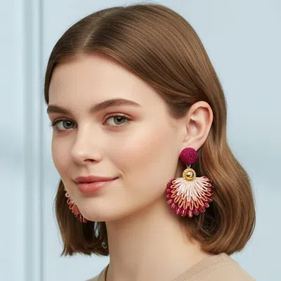 Fashnzfab Woven Raffia Fan Charm Drop Dangle Statement Earrings In Pink