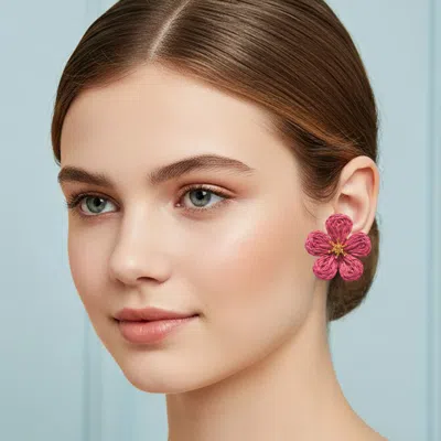 Fashnzfab Woven Raffia Flower Earrings In Pink