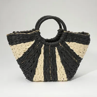 Fashnzfab Woven Raffia Round Handle Tote Bag In Black
