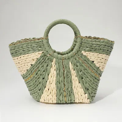 Fashnzfab Woven Raffia Round Handle Tote Bag In Green