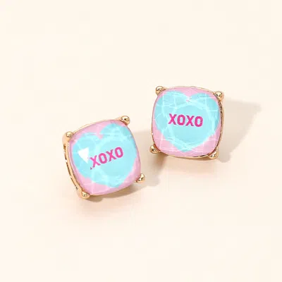 Fashnzfab Xoxo Message Heart Square Cushion Stud Earrings Blue, Pink In Gold