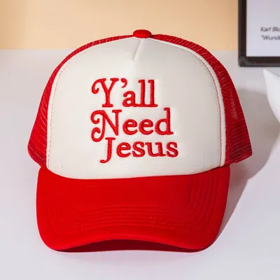 Fashnzfab Yall Need Jesus Message Embroidered Mesh Back Trucker Hat In White