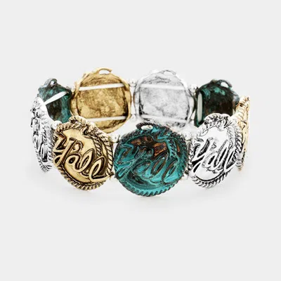 Fashnzfab Y'all Rope Trimmed Metal Disc Stretch Bracelet Multi, Patina Verdigris