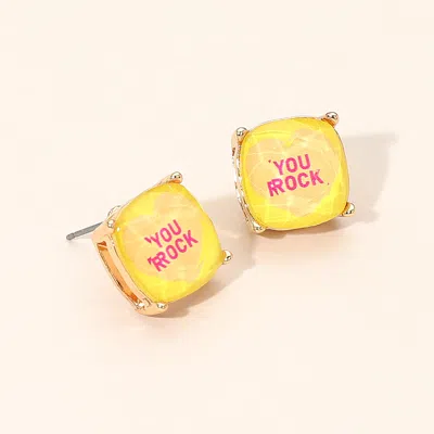 Fashnzfab You Rock Message Heart Square Cushion Stud Earrings Yellow In Gold