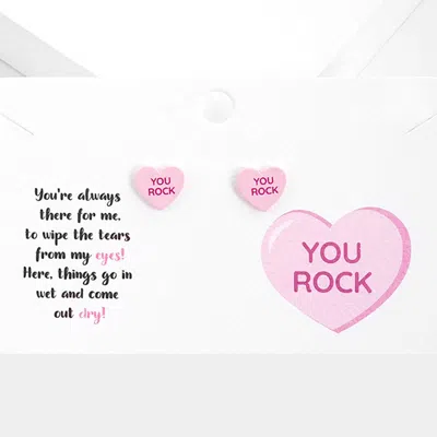 Fashnzfab You Rock Message Heart Stud Earrings In Pink