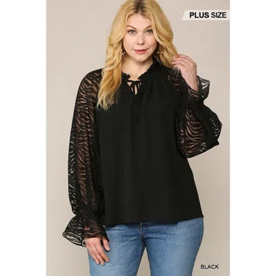 Fashnzfab Zebra Burnout Sleeve Ruffled Neck Bubble Crepe Blouse In Black