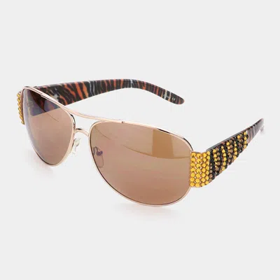 Fashnzfab Zebra Pattern Crystal Embellished Rimless Frame Aviator Sunglasses In Gold