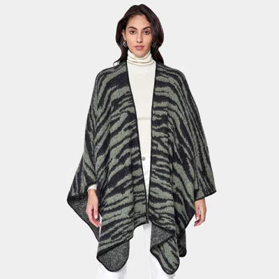 Fashnzfab Zebra Patterned Ruana Poncho In Green