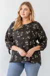 Fashnzfab Zenobia Plus Size Floral Round Neck Blouse In Black