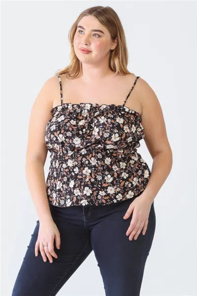 Fashnzfab Zenobia Plus Size Frill Floral Square Neck Cami In Black