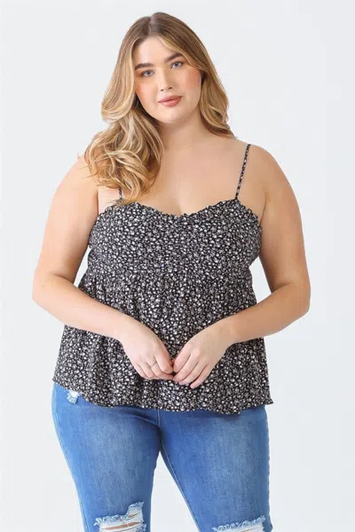 Fashnzfab Zenobia Plus Size Frill Smocked Floral Sweetheart Neck Cami In Black