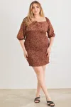 Fashnzfab Zenobia Plus Size Smocked Printed Square Neck Mini Dress In Brown