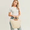 Fashnzfab Zigzag Chevron Pattern Detailed Wooden Handle Straw Tote Bag In Sand