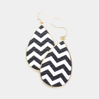 Fashnzfab Zigzag Chevron Patterned Faux Leather Teardrop Dangle Earrings In Black