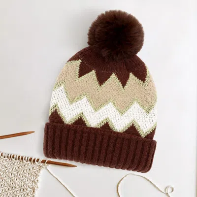 Fashnzfab Zigzag Chevron Patterned Fuzzy Fleece Pom Pom Beanie Hat In Brown